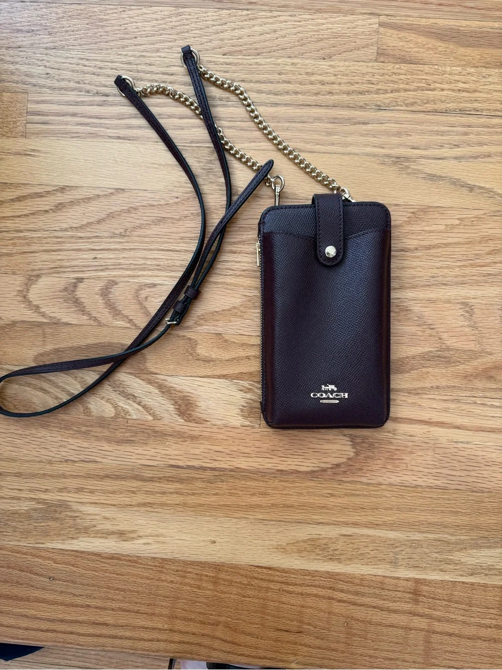 Coach Leather Crossbody Phone Case - Dark Brown with Gold Chain